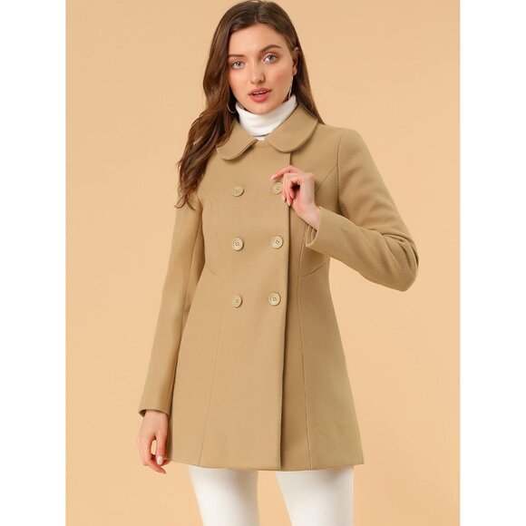 Women's Khaki Peter Pan Collar Double Breasted Winter Long Trench Pea Coat - Picture 2 of 5